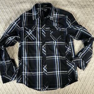 Carbon Men's Large Western Plaid Button Shirt Black Blue Long Sleeve
